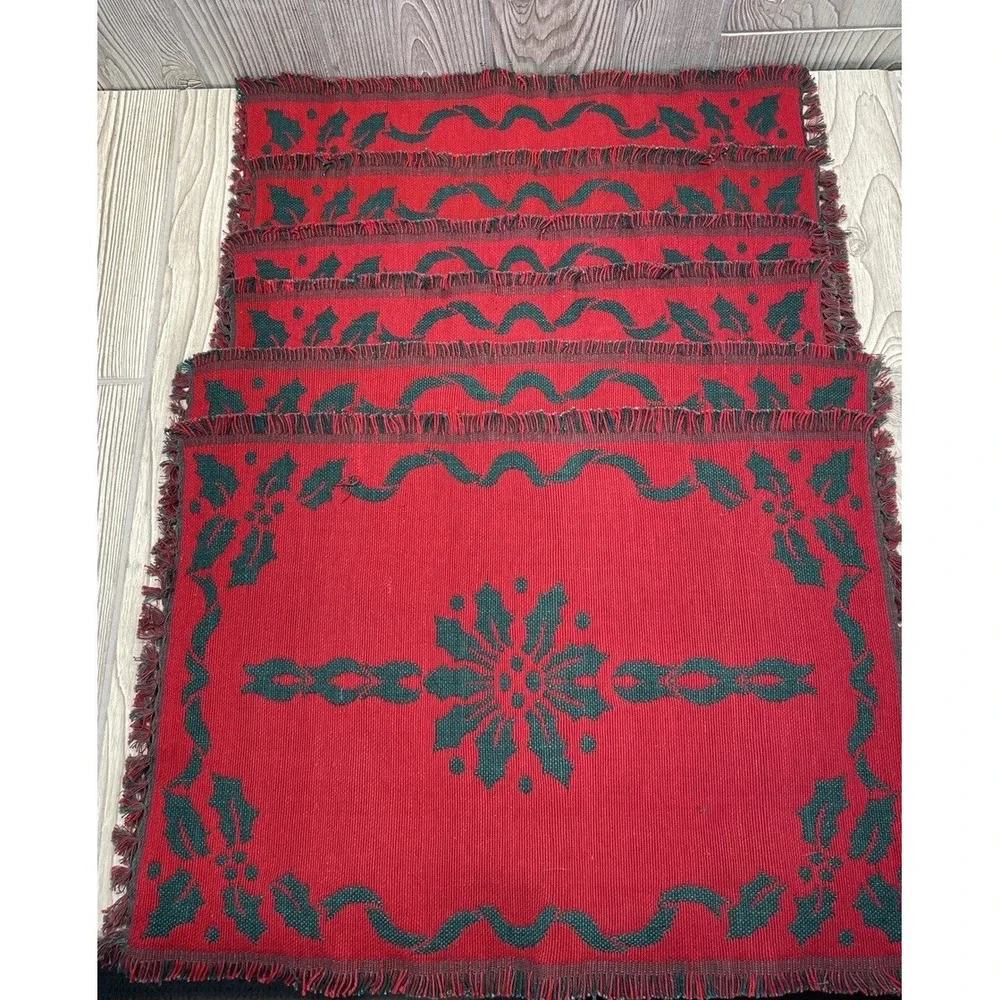 Vintage Christmas Holly Poinsettia Woven Placemats Red Green Fringed Set of 8
